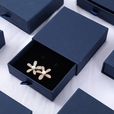 Jewelry Gift Boxes Dark Blue Paperboard Drawer Pull Out For Necklace Ring Earring Bracelet Packaging Matte Elegant