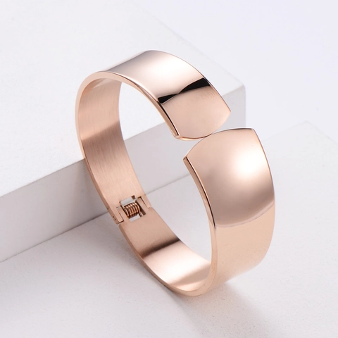 Brazalete Ancho Minimalista Pulsera De Acero Inoxidable 316 Pulido Espejo Apertura Con Bisagra Joyería Para Mujer