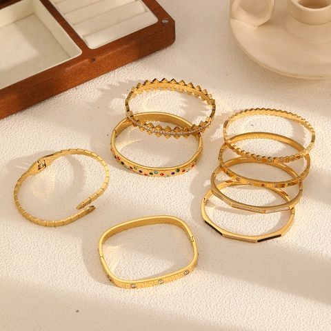 Stainless Steel Bangle Bracelet 18K Gold Plated Colorful Cubic Zirconia Geometric Fashion Jewelry For Women