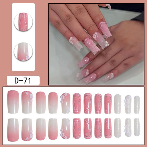 Faux Ongles Press On Rose Blanc Dégradé Fleur 3D Décor Künstliche Perles Carré Long Français Ongles Artificiels Pour Femmes