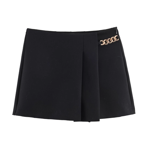 Short Femme Coupe En A Taille Haute Polyester Avec Chaîne En Métal Design Plissé Style Commuter Élégant Pantalon Quotidien