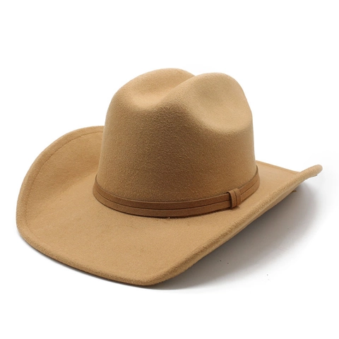 Western Cowboy Hat Wide Brim Polyester Cotton Felt Vintage Style With Leather Strap Unisex Sun Protection Fedora