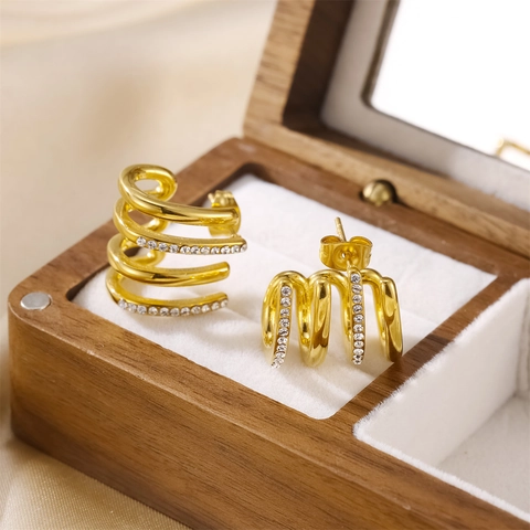 Fashion Gold Plated Stainless Steel Earrings Rhinestone Inlaid C Shape Studs Elegant Jewelry For Women