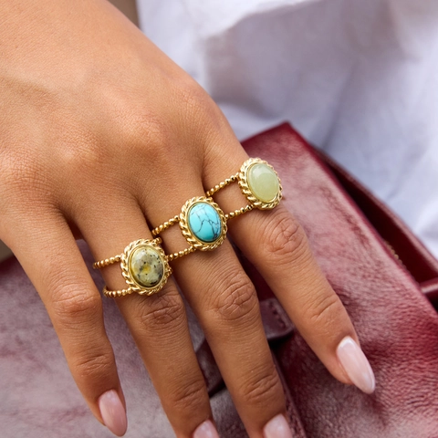 Stainless Steel Turquoise Bracelet And Artificial Pearl Rings Jewelry Bohemian Vintage Style For Women Gold Plated
