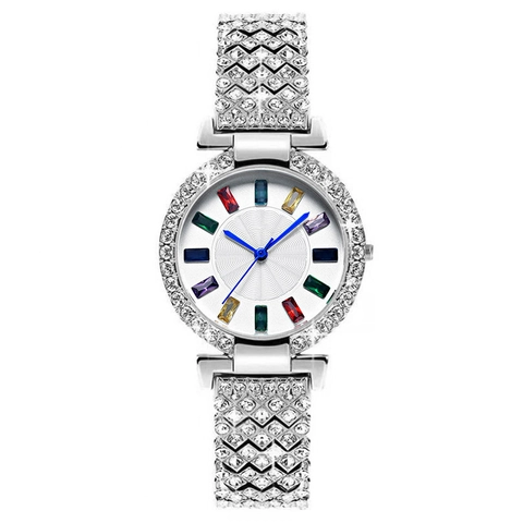 Women Luxury Iced Out Rhinestone Watch Rainbow Crystal Hour Markers Blue Hands Alloy Case Metal Strap Fashion Timepiece