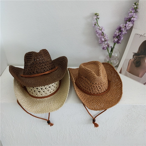 Sombrero Vaquero De Paja Transpirable Hueco Ala Ancha Protección Solar Playa Verano Fedora Con Cordón Ajustable