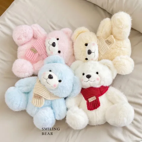 Plush Teddy Bear Long Plush Soft Stuffed Animal With Knitted Scarf Smiling Face Decorative Toy Gift For Kids Girls