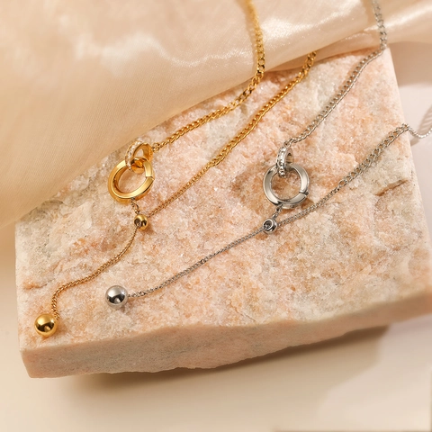 Collar En Y De Doble Anillo Entrelazado De Acero De Titanio Chapado En Oro Colgante Geométrico De Zircón Dije Esfera Mujer