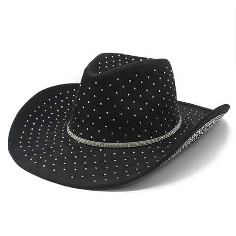 Western Cowboy Hat Rhinestone Studded Wide Brim Polyester Sparkling Jazz Fedora For Party Stage Performance Unisex