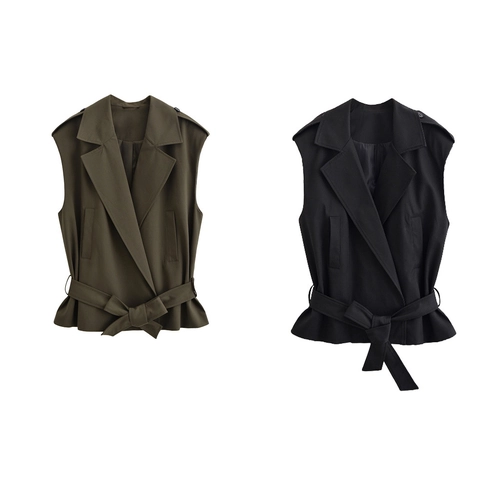 Women Vest Notch Lapel Sleeveless Jacket Belted Waist Solid Color Office Lady Professional Casual Outerwear