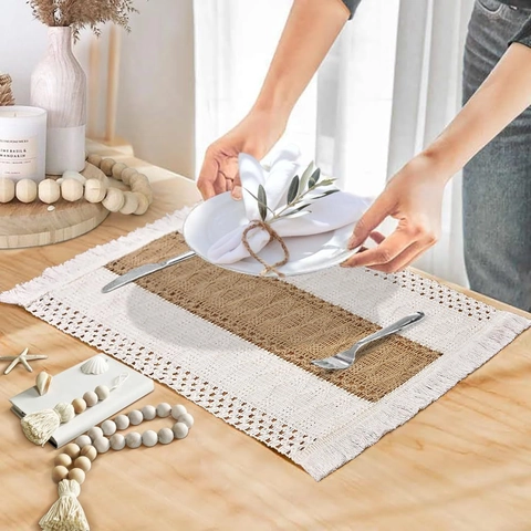 Sets De Table Tissés Boho Coton Lin Polyester Avec Glands Rayures Géométriques Tapis De Table Résistants À La Chaleur Pour Mariage Fête