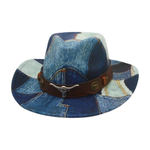Vintage Western Καπέλο Κάουμποι Denim Patchwork Fedora Με Μεταλλικό Κεφάλι Ταύρου Δερμάτινη Ζώνη Ρετρό Αξεσουάρ