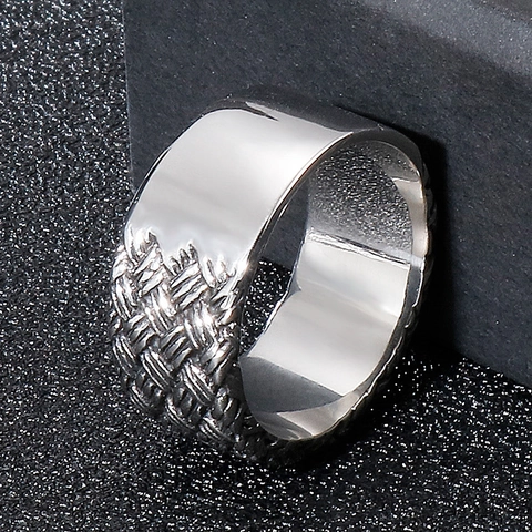 Men Band Ring Stainless Steel Woven Braided Texture Retro Vintage Silver Color Punk Hip Hop Fashion Jewelry For Him