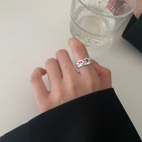 925 Sterling Silver Ring Irregular Lava Texture Hammered Pattern Red Zircon Open Adjustable Aesthetic Minimalist Jewelry Women