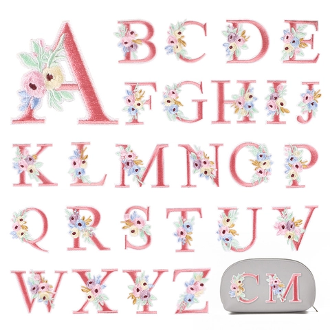 Bestickte Blumen Alphabet Patches Rosa Florale Buchstaben Applikation Aufbügeln Stoff Abzeichen DIY Dekoration