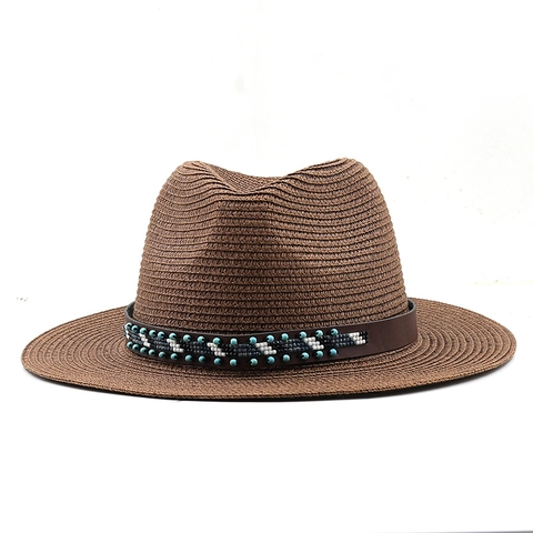 Women Men Summer Straw Fedora Hat Sun Protection Breathable Ethnic Beaded Band Bohemian Style Outdoor Beach