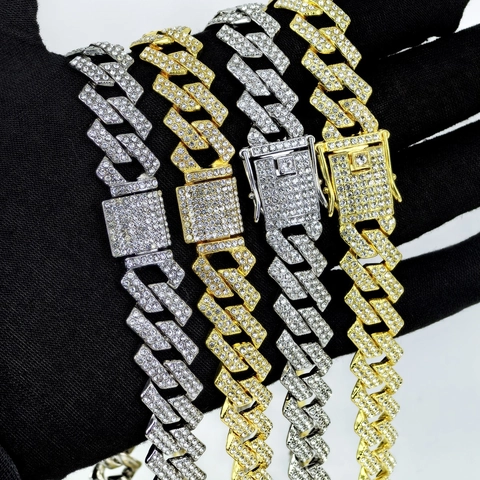 Hip Hop Cuban Link Necklace Iced Out Full Rhinestone Zinc Alloy Rhombus Clasp Chain Gold Silver Color Men Women