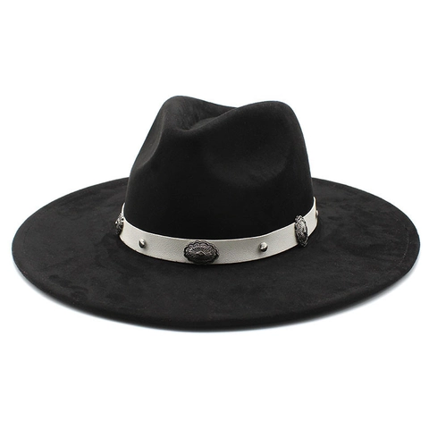 Retro Western Cowboy Fedora Hoed Suede Polyester Vilt Brede Rand Riem Decor Metalen Conchos Klinknagels Outdoor Unisex Vintage