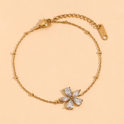Flower Zircon Bracelet 18K Gold Plated Stainless Steel Adjustable Bead Chain Elegant Jewelry For Women