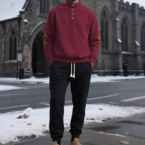 Herren Strick Jacquard Casual Anzug Hochgeschlossen Sweatshirt Und Jogger Langarm Kordelzug Patchwork Einfarbig Herbst Winter
