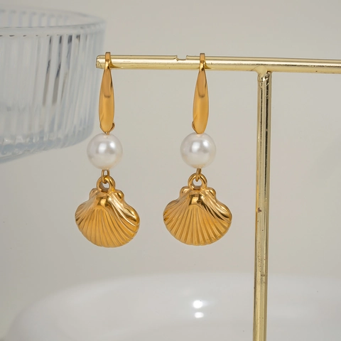 Shell Artificial Pearl Pendant Earrings Stainless Steel Gold Plated Sea Element Fashion Ocean Jewelry For Women