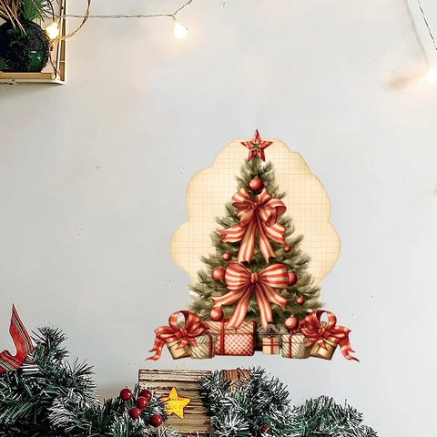 Weihnachtsbaum Wandaufkleber PVC Abnehmbares Dekal Mit Roten Schleifen Und Geschenkboxen Für Festliche Haus Fensterdeko
