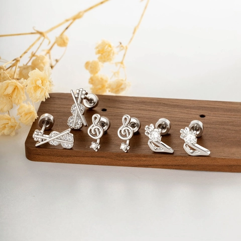 Musical Note Violin Harp Ear Cartilage Studs Titanium Steel Copper Zircon Flat Bottom Screw Back Piercing Jewelry For Women