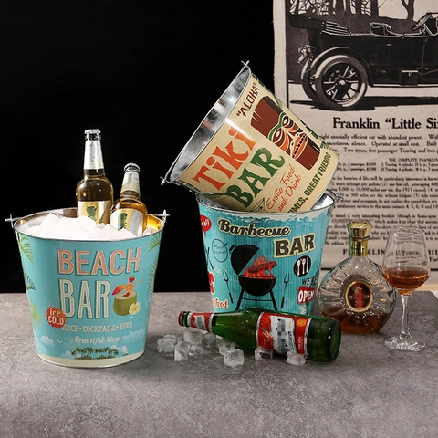 Vintage Metal Ice Bucket Retro Beer Chiller Drinks Tub With Handle For Bar KTV Party Outdoor BBQ Retro Industrial Style