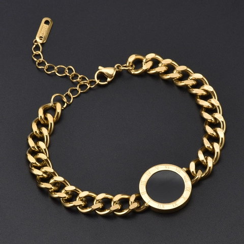 Damen Armband Edelstahl Gold Rund Anhänger Römische Ziffern Grobe Kette Modeschmuck