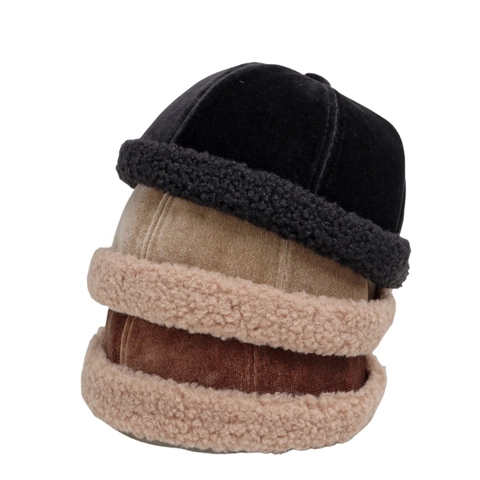 Winter Docker Hat Retro Corduroy Sherpa Patchwork Warm Miki Hat Adjustable Brimless Cap For Men Women Solid Color