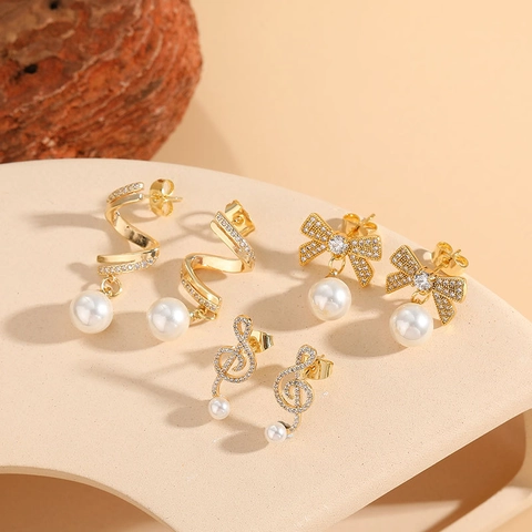 Ohrringe Mit Zirkonia Und Künstliche Perlen Vergoldetes Messing Schleife Band Musiknote Eleganter Luxus Schmuck Für Damen