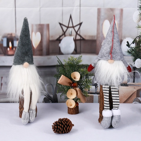 Bambola Gnomo Di Natale Tomte Svedese Senza Volto Ornamento Gambe Lunghe Iuta Maglia Pelliccia Sintetica Base Legno Arredo