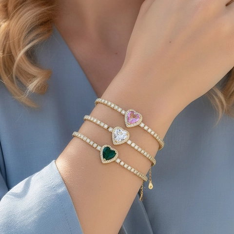 Women Copper Heart Zirconia Bracelet Gold Plated Adjustable Slider Tennis Chain Heart Shaped Gemstone Bracelet Jewelry Gift