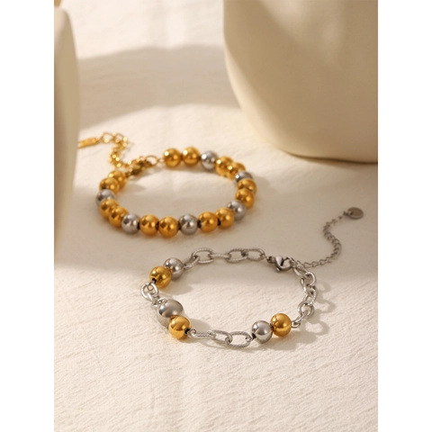 Gepolijste Kralenarmband Tweekleurig Goud Zilver Roestvrij Staal Minimalistische Contrast Bangle Mode-Sieraden Voor Vrouwen