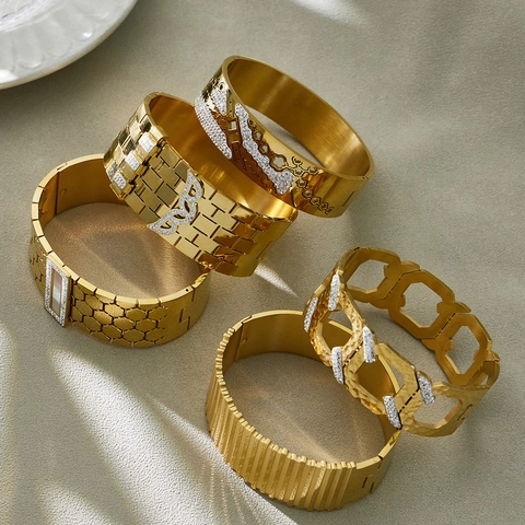 Wide Bangle Bracelet Stainless Steel Honeycomb Hollow Out Cubic Zirconia Shell Inlay Fashion Luxury Jewelry For Women
