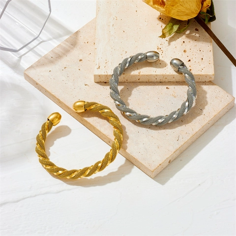 Titanium Stalen C-Vorm Open Bangle Armband Spiraal Gevlochten Gaas Gepolijst Boluiteinde Verstelbaar Voor Dames