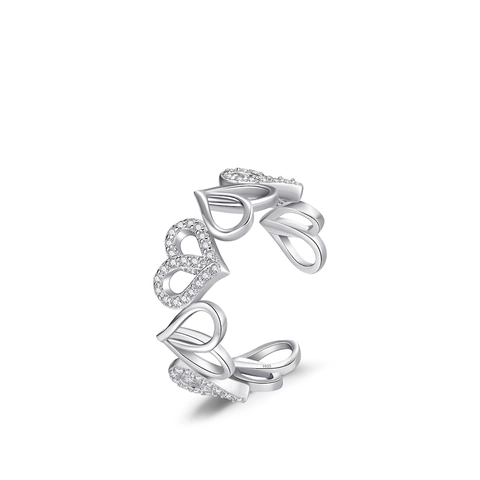 925 Sterling Silver Heart Adjustable Ring Sparkling Cubic Zirconia Hollow Linked Design Sweet Jewelry For Women