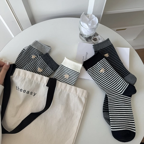Women Crew Socks Combed Cotton Striped Pattern Cartoon Bear Embroidery Japanese Style Breathable Casual Mid-Calf Socks