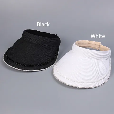 Chapeau Visière Solaire En Paille De Papier Pour Femmes Bord Large Künstliche Perle Strass Élégant Protection UV Été Plage