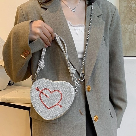 Bolso De Bandolera Con Diamantes De Imitación En Forma De Corazón Para Mujer Bolso De Hombro Brillante Patrón De Flecha