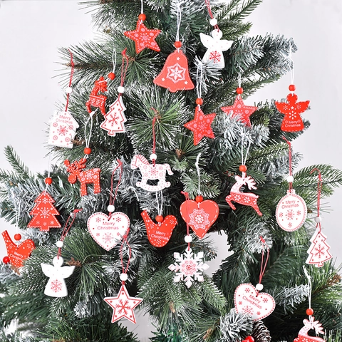 Christmas Wooden Hanging Ornaments DIY Tree Decoration Star Reindeer Bell Angel Heart Wood Red White Holiday Decor