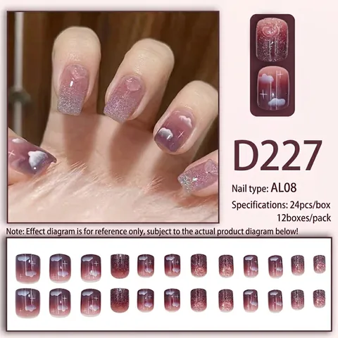 Purple Gradient False Nails Glitter Cloud Star Pattern Square Round Press On Nails Elegant Sweet Style For Women