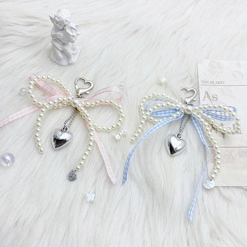 Bow Keychain Imitation Artificial Pearl Alloy Polyester Ribbon Heart Pendant Gingham Ribbon Bag Charm Key Holder Sweet French Style
