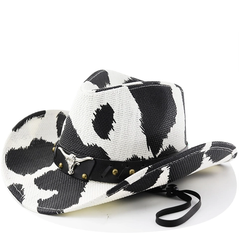 Western Cowboyhoed Vintage Koeprint Brede Rand Polyester Met Stierkop Metalen Decoratie Verstelbare Kinriem Voor Heren Dames