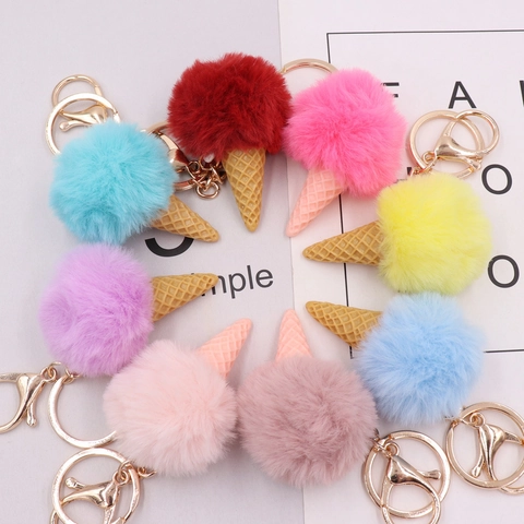 Schattige Ijsje Kegel Sleutelhanger Pluche Bal Kunstbont Tas Bedeltje Decoratief Kleurrijk Miniatuur Legering Metalen Hanger