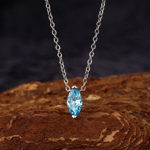 S925 Sterling Silver Sea Blue Zirconia Pendant Necklace Marquise Cut Gemstone Jewelry For Women Elegant Commuter Gift