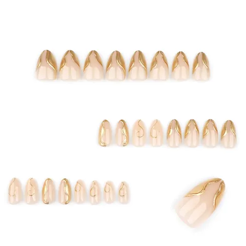 Unghie Finte A Mandorla Rosa Nude Con Linee Dorate 3D Irregolari Manicure Lucida Per Donne