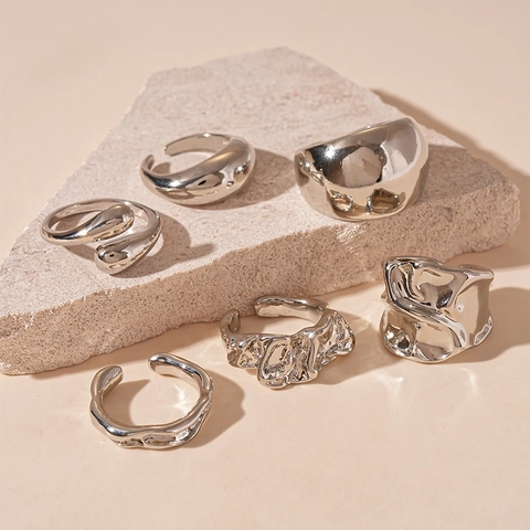 Anillos Abiertos De Aleación Para Mujeres Minimalista Metal Líquido Plisado Geométrico Ajustable Joyería De Dedo Moda