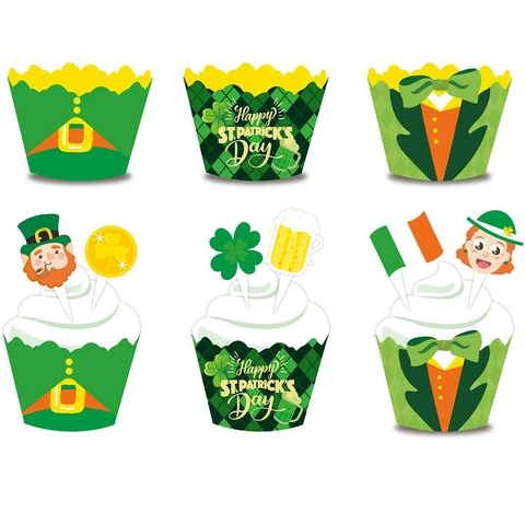 Decorazioni Per Cupcake San Patrizio Involucri E Topper Trifoglio Folletto Irlandese Carta Verde Festa