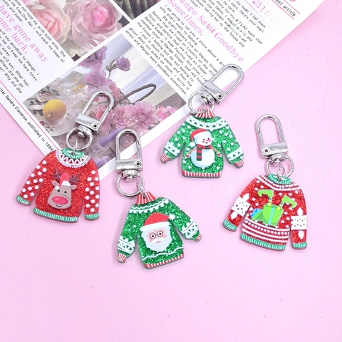 Porte-clés Pull De Noël Acrylique Pailleté Renne Père Noël Pendentif Cadeau De Vacances